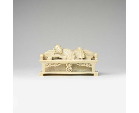 A CHINESE SOAPSTONE CARVING OF A MOTHER NURSING HER CHILD19TH CENTURY11cm.WITHOUT RESERVE本拍品不設底價。The mother lying recumbent o
