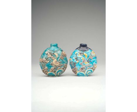 TWO CHINESE FAHUA-STYLE TURQUOISE-GROUND SNUFF BOTTLES 19TH CENTURY  6.3cm. (2)  From the collection of William Cleverley Ale