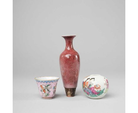 A CHINESE PEACH BLOOM TAPERING VASE, A FAMILLE ROSE WINE CUP AND A WATERPOT19TH/20TH CENTURY15cm max. (3)The amphora vase dec