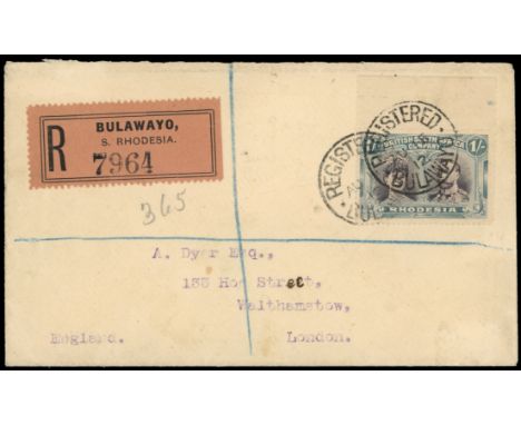 1/- grey-black and deep blue-green on registered Dyer envelope to London, two Bulawayo SCs of AU 15 12. &nbsp;The stamp top m
