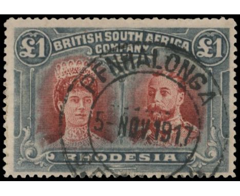 £1 lake-brown and pale slate-black perf 15, Hook plate, used with PFNHALONGA DC (Proud D4, broken ‘E’) of 5 NOV 17. &nbsp;A f