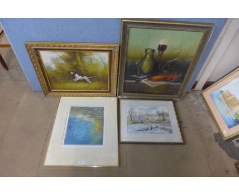 A river landcsape watercolour, two oil paintings and a limited edition etching 
