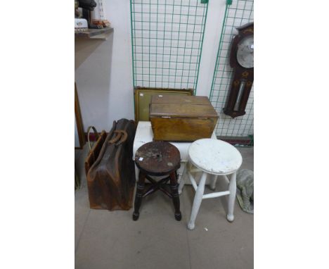 Two Victorian kitchen stools, a metal trunk, etc. (7) 