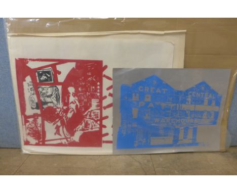 R. McDonald, six screen prints including Riot In Northern Ireland, '72 and a mounted drawing 