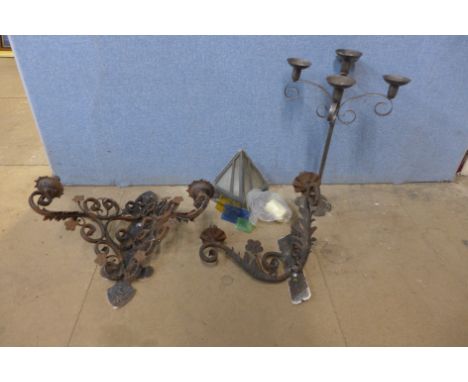 Metalwares; two metal wall sconces, a candelabra, two candlesticks, small brass coal bucket, etc. 