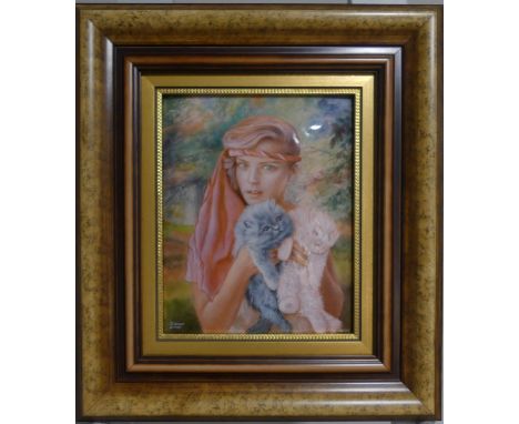 A Limoges enamel Wall Plaque,&nbsp;'Fotuna et les Chats', signed 'L M Goudet' to bottom left, with certiicates of authenticit