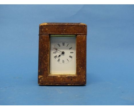 A small early 20thC French gilt-brass five-glass Carriage Clock Timepiece, the rectangular white enamelled dial with Roman nu