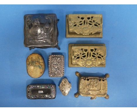 Two 19thC papier mache Snuff Boxes, one with picture of children playing in a dog cart, some damage,&nbsp;the other with moth