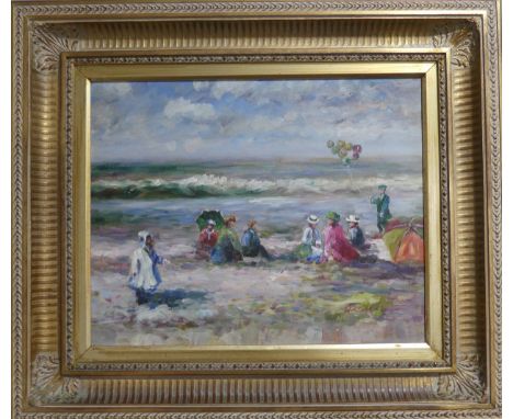 20th Century School, Seascape, Oil on Canvas,&nbsp;depicting a group of people with a person holding balloons, signed 'Christ