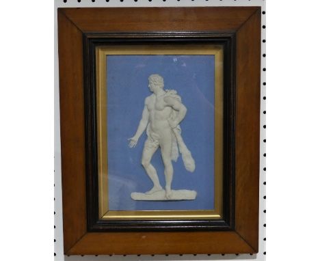 A Wedgwood Jasperware portrait Plaque,&nbsp;in light blue ground, depicting a warrior with a club, framed and glazed with cut