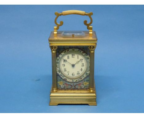 A late 19th century French enamel and gilt-brass striking Carriage Clock, with push button repeat, the five-glass case with c