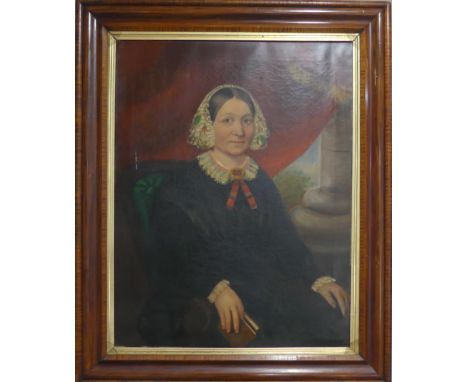 20thC School, large Oil on Canvas, Portrait of a Woman,&nbsp;the seated woman, depicted next to a column and holding a book, 