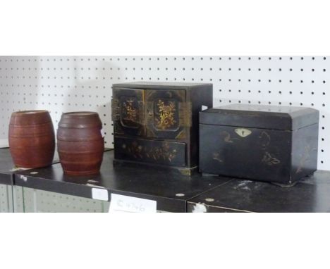 An early 20thC Japanese black lacquer Casket, 7in high x 8 in wide (18cm x 20cm) and a tea caddy similar, together with two t