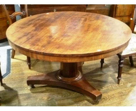 A Victorian mahogany circular tilt-top Table, with tripod base and octagonal stem, ceramic castors, 47in (119.2cm) diameter. 