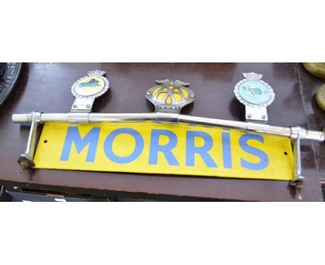 Motor Interest:  enamel sign, MORRIS, 10cm x 44cm, a collection of car badges, including three mounted on a radiator bar for 