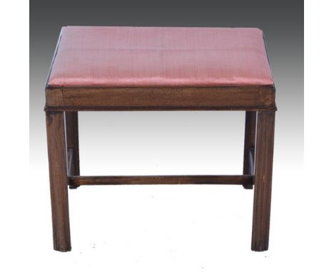 Mahogany stool, rectangular upholstered top, square moulded legs, width 56cm.