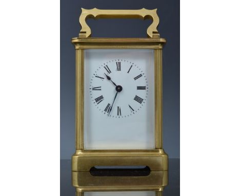 French brass cased carriage clock, white enamel dial, platform escapement, 12cm.