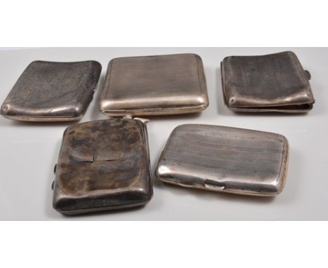 Silver cigarette case, Chester 1915, bright cut engraved decoration, 9cm and four other silver cigarette cases (5).