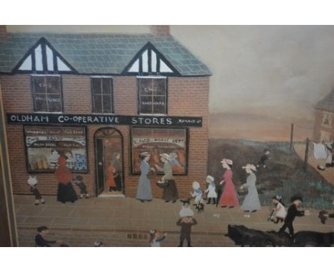After Helen Bradley, The Co-op, colour print, 39cm x 43cm, two other modern prints and an oil painting of Paris (4).