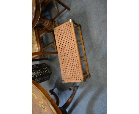 Stained beechwood long stool, trim work upholstery, width 73cm.