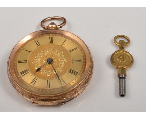 14k rose gold fob watch, bright cut engraved case, engine turned and engraved dial, Swiss made, patent lever, key wind moveme