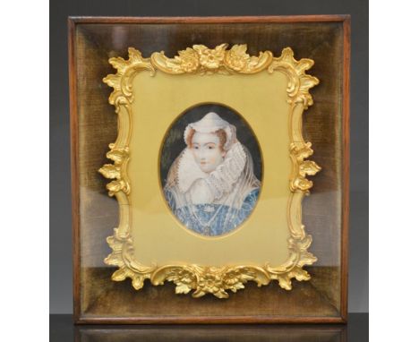 After Nicholas Hilliard, Mary, Queen of Scots, oval portrait miniature, probably 19th Century, gilt gesso scrolled frame with