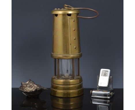 Brass miners safety lamp, labelled Lamp and Limelight Company, 24cm, balance scales, old painted companion stand figure of a 