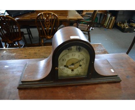 Stained mahogany "Napoleons Hat" mantle clock, boxwood stringing, arched silvered dial, with subsidiary fast, slow and chime 
