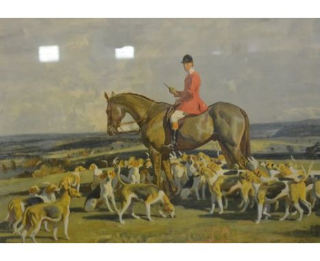 After Sir Alfred Munnings, Stanley Barker and the Pytchley hounds, colour print, 49cm x 60cm.