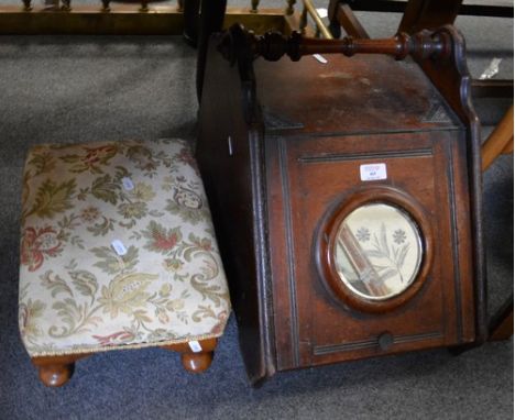 Victorian walnut perdonium, turned rail, sloped front with a mirror inset, width 36cm and a stained wood stool (2).