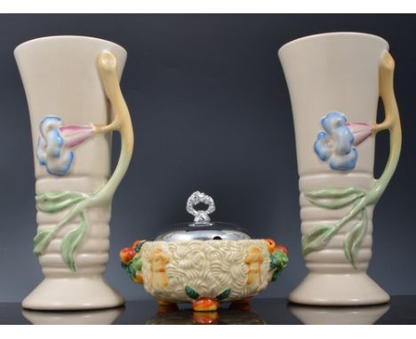 Clarice Cliff preserve pot, Celtic Harvest pattern with a chrome plated lid, width 14cm and a small collection of Clarice Cli