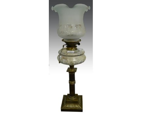 Brass oil lamp, fluted column, clear cut glass reservoir, frosted shade, complete with chimney, 72cm.