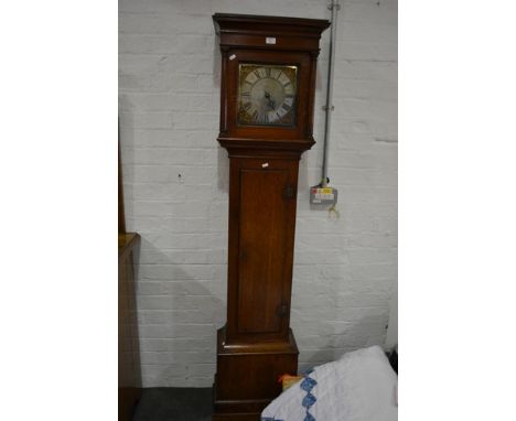 Oak longcase clock, square brass dial, signed Philip Avenell, Farnham, cast Rococo spandrels, single hand, thirty hour moveme