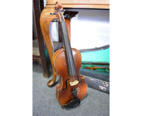 Violin, 34cm two piece back, with a bow, cased and another violin with a light coloured two piece back, with a box, cased