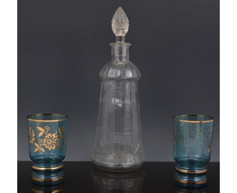 Electroplated four light candelabra, moulded glass sconces with pendants, 24cm, a moulded glass and plated claret jug, decant