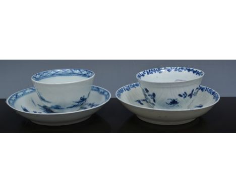 First period Worcester blue and white press moulded tea bowl and saucer, floral decoration and another Worcester blue and whi