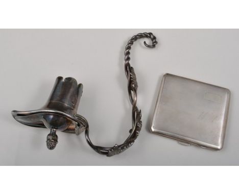 Silver backed hand mirror, London 1934, engine turned, 25cm, two silver back brushes, silver cigarette case, two modern silve