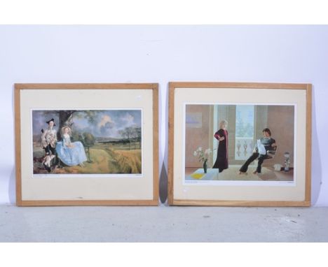 Three modern prints in light oak frames, after works of Gainsborough ,Van Eyck, and Hockney (3)