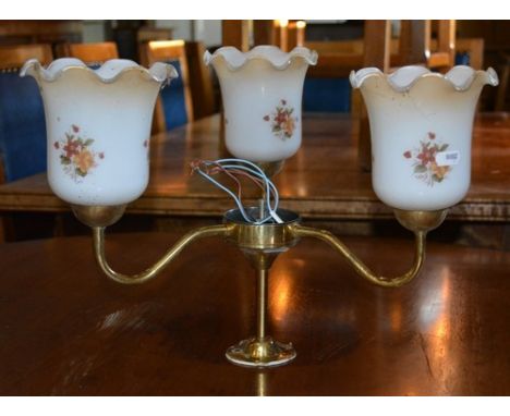 Lacquered brass three branch ceiling light, with opaque shades, a collection of opaque shades, other light fittings.