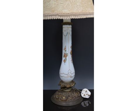 Gilt metal and opaque glass oil lamp, adapted as a table lamp, painted floral decoration, complete with a lace embroidered sh