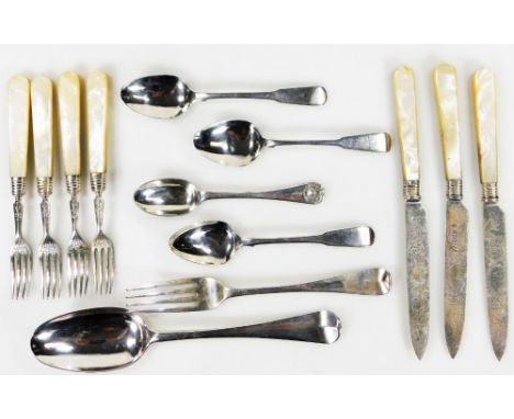 Various silver, etc, mother of pearl handled entree knives and forks with bright cut blades and silver collars, 19cm W, etc, 