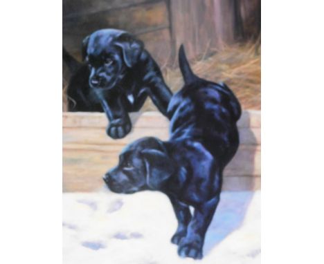 John Trickett. Black labrador puppies, artist signed limited edition print, no. 569/850, 40cm x 33cm.