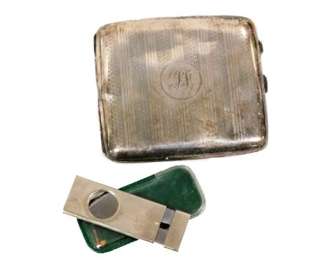 A George V silver cigarette case, of rounded form, partially engine turned with initialled cartouche, Birmingham 1922, 9cm W,