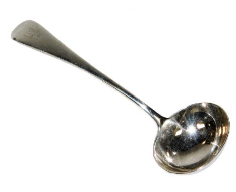 A Victorian silver ladle, old English pattern with plain bowl, lion crest, London 1882, 17cm W, 2oz.
