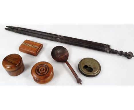Various treen, etc, an 18thC carved spoon with deep bowl and crown finial, 15cm W, various boxes, a 19thC brass and wooden ci