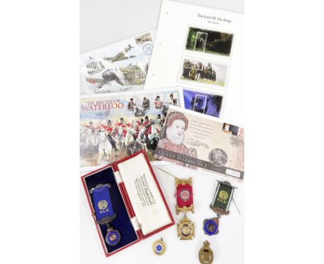 Various Masonic medals, awards, etc. gilt coloured Buffalo medal, 9cm H, others partially cased, various anniversary coin set