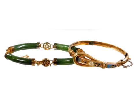 Two bracelets, comprising a hinged bangle with blue enamel design and loop top, with safety chain, marked 1833, unmarked, and