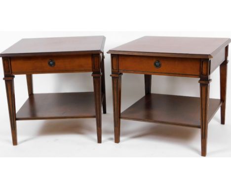 A pair of 20thC mahogany side tables, each with canted moulded tops, above frieze drawers on square tapering legs, joined by 