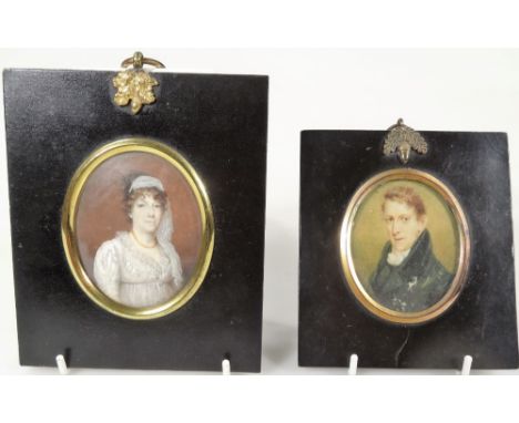19thC English School. Portrait miniature of a lady facing dexter, gouache, 8cm x 6cm, portrait prints of a gentleman facing s