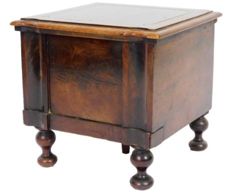 A late 19thC boxed commode, with fitted interior, on inverted double bun feet, 44cm H, 43cm W, 42cm D.